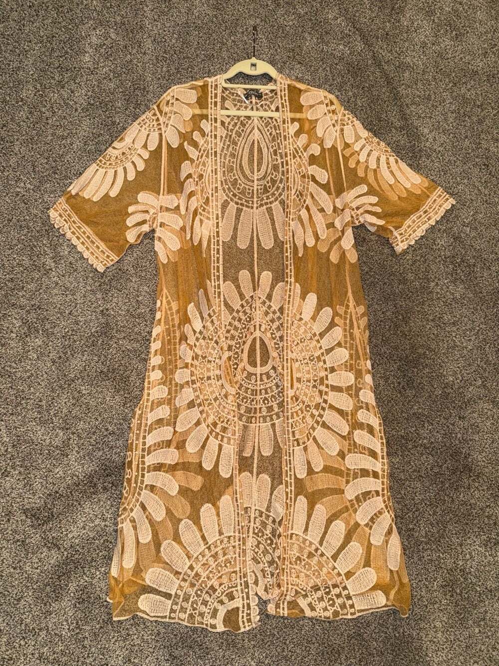 Custom tea stained Accessory St Floral Lace Kimono Cardigan Brown Mustard Sheer